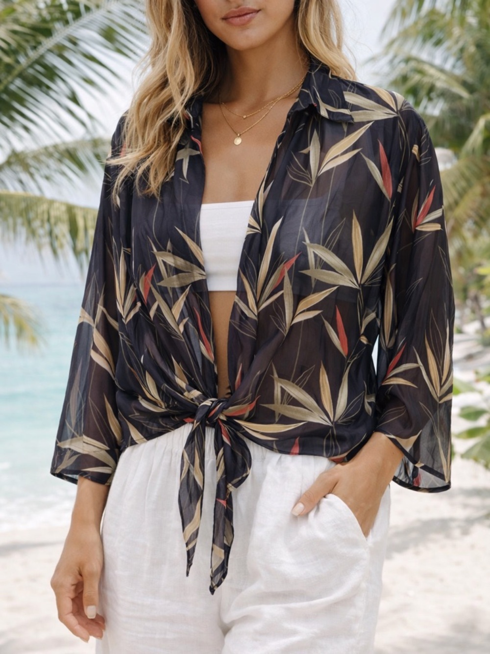 Banana Bay Sheer Tropical Tie Front Top Medium Black Palm Print Resortwear